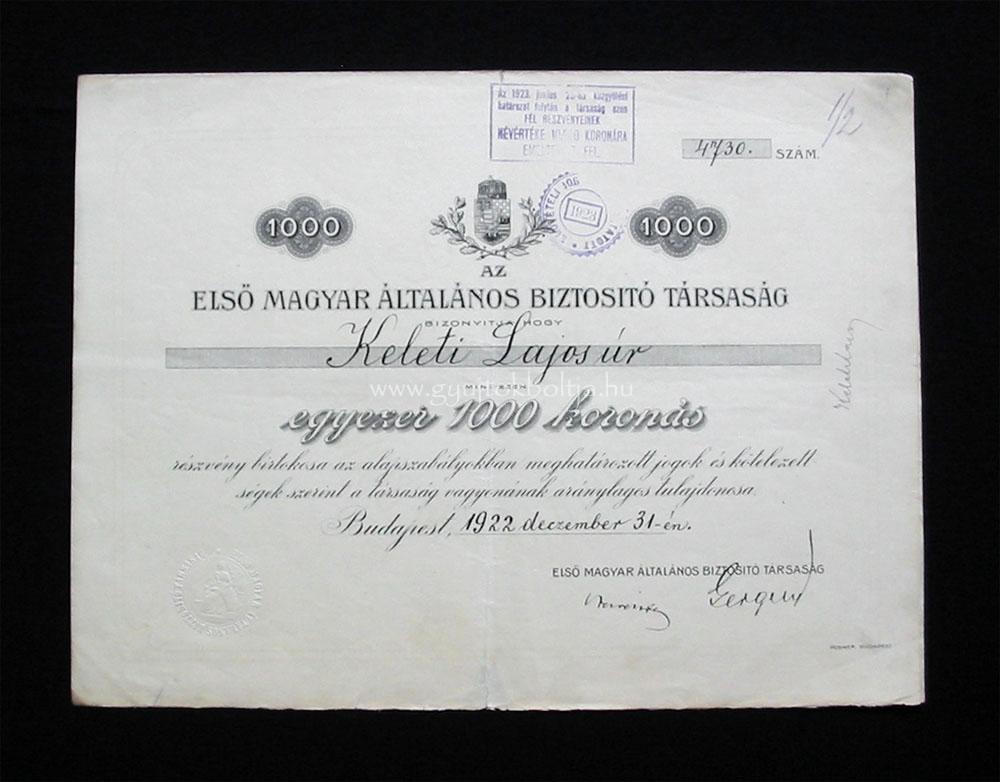Elsõ Magyar Általános Biztosító Társaság 1000 korona 1922